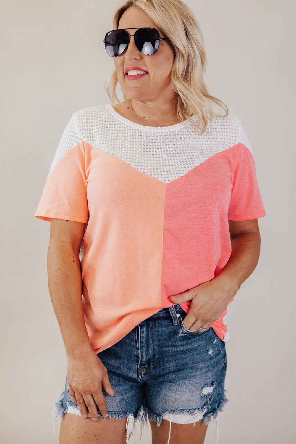 Plus Size Waffle Melon Colorblock Knit Shirt