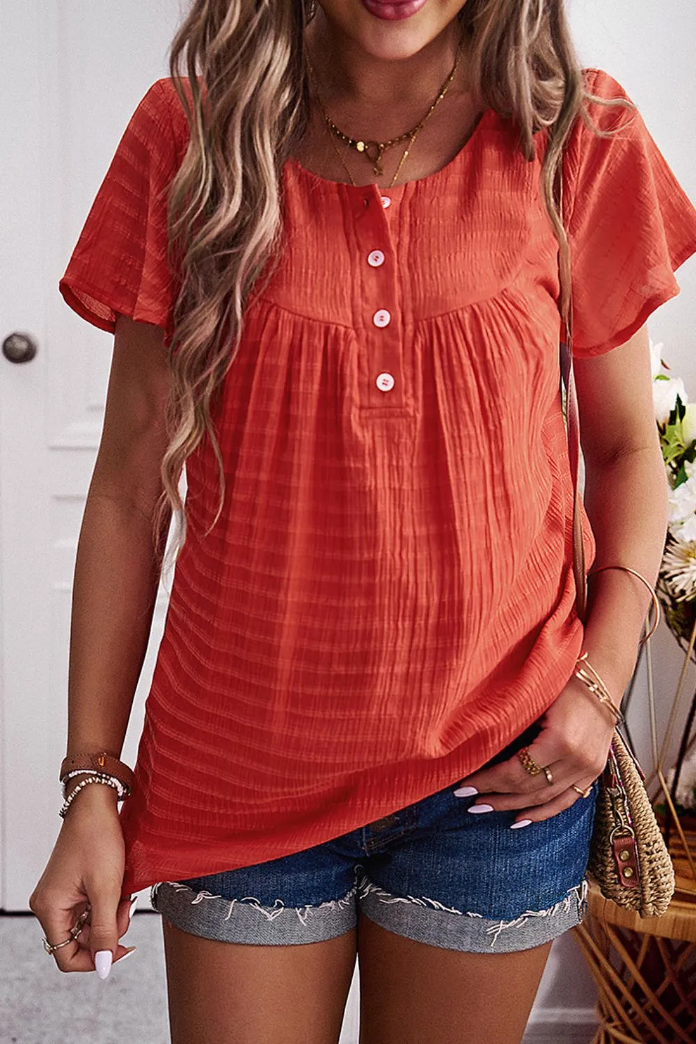 Quarter-Button Round Neck Short Sleeve Top