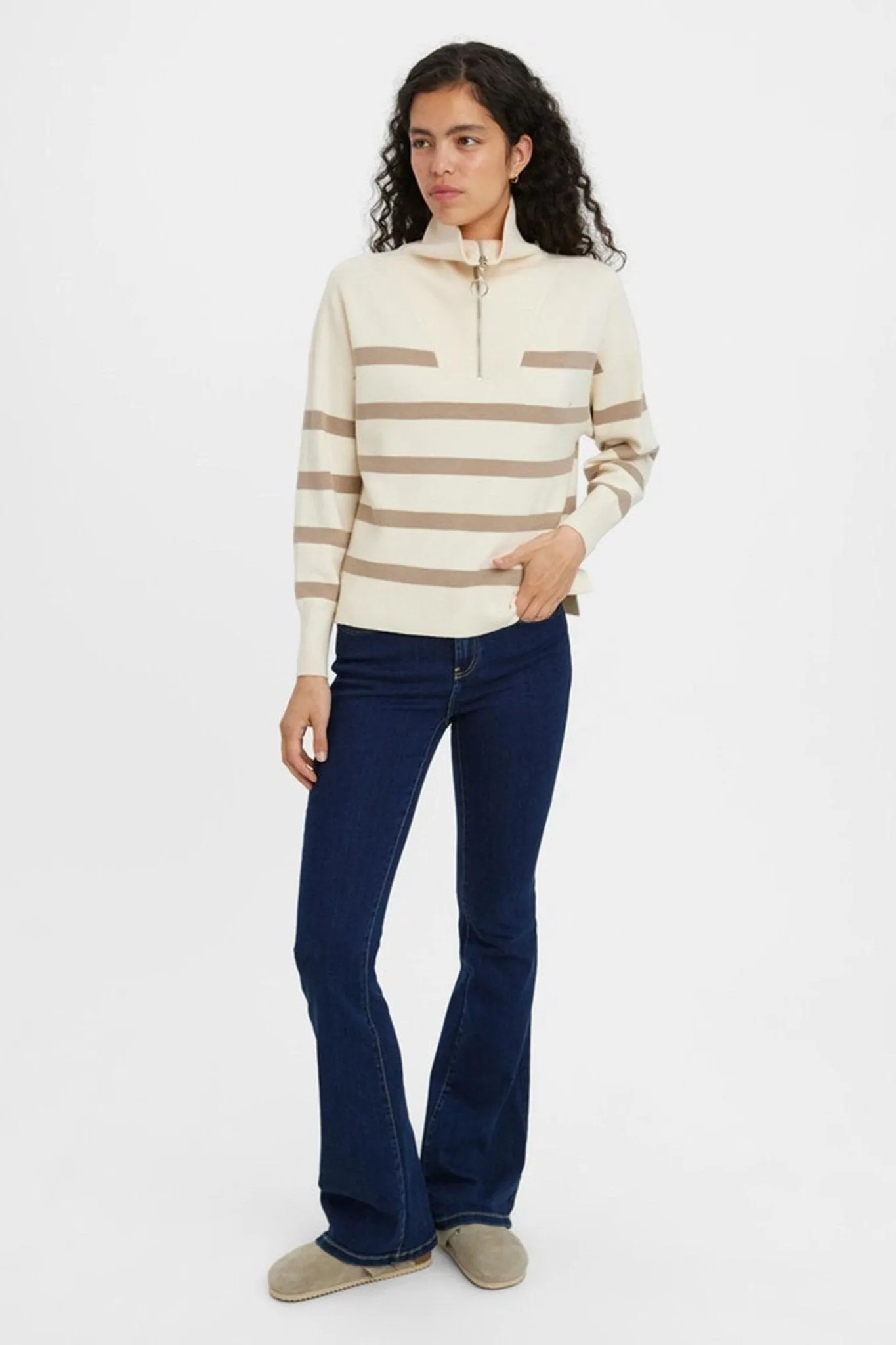 Saba Stripe Half-zip Blouse - Birch Brown