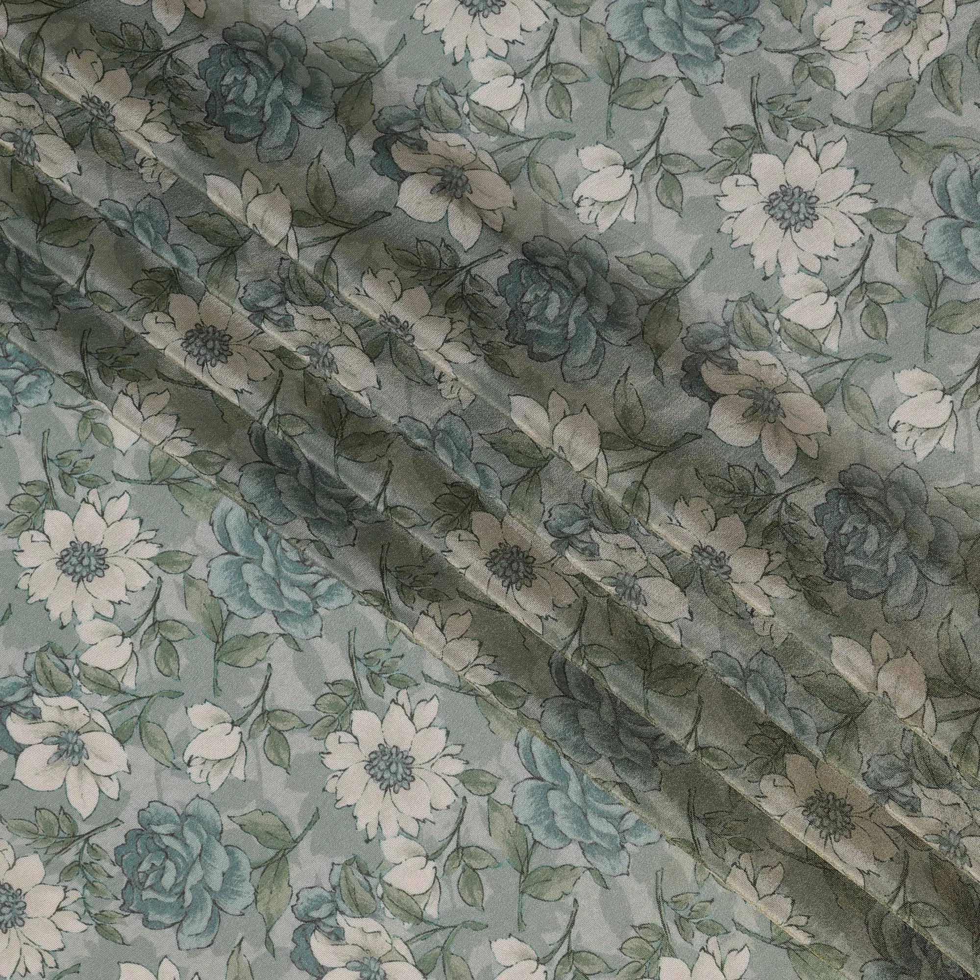 Sea Green Viscose Digital Printed Fabric with Metallic Finish and Floral Design, 110 cm Width-D21330