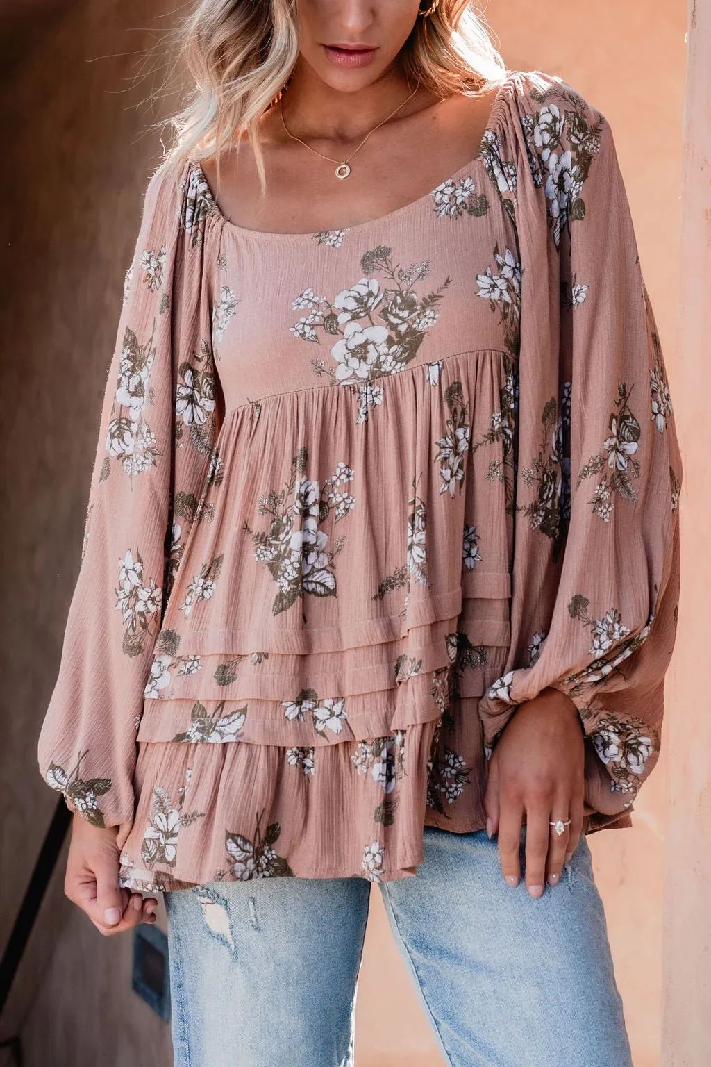 Terracotta Floral Print Pleated Tunic