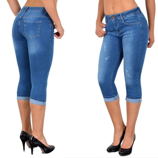 Trendy Capri Denim High Waist Stretch Jeans