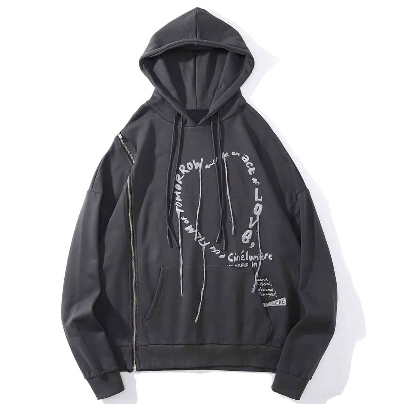 WLS Side Zipper Embroidered Alphabet Tassels Oversized Hoodie