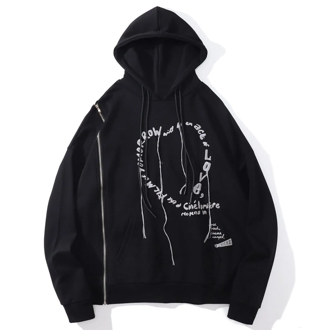 WLS Side Zipper Embroidered Alphabet Tassels Oversized Hoodie