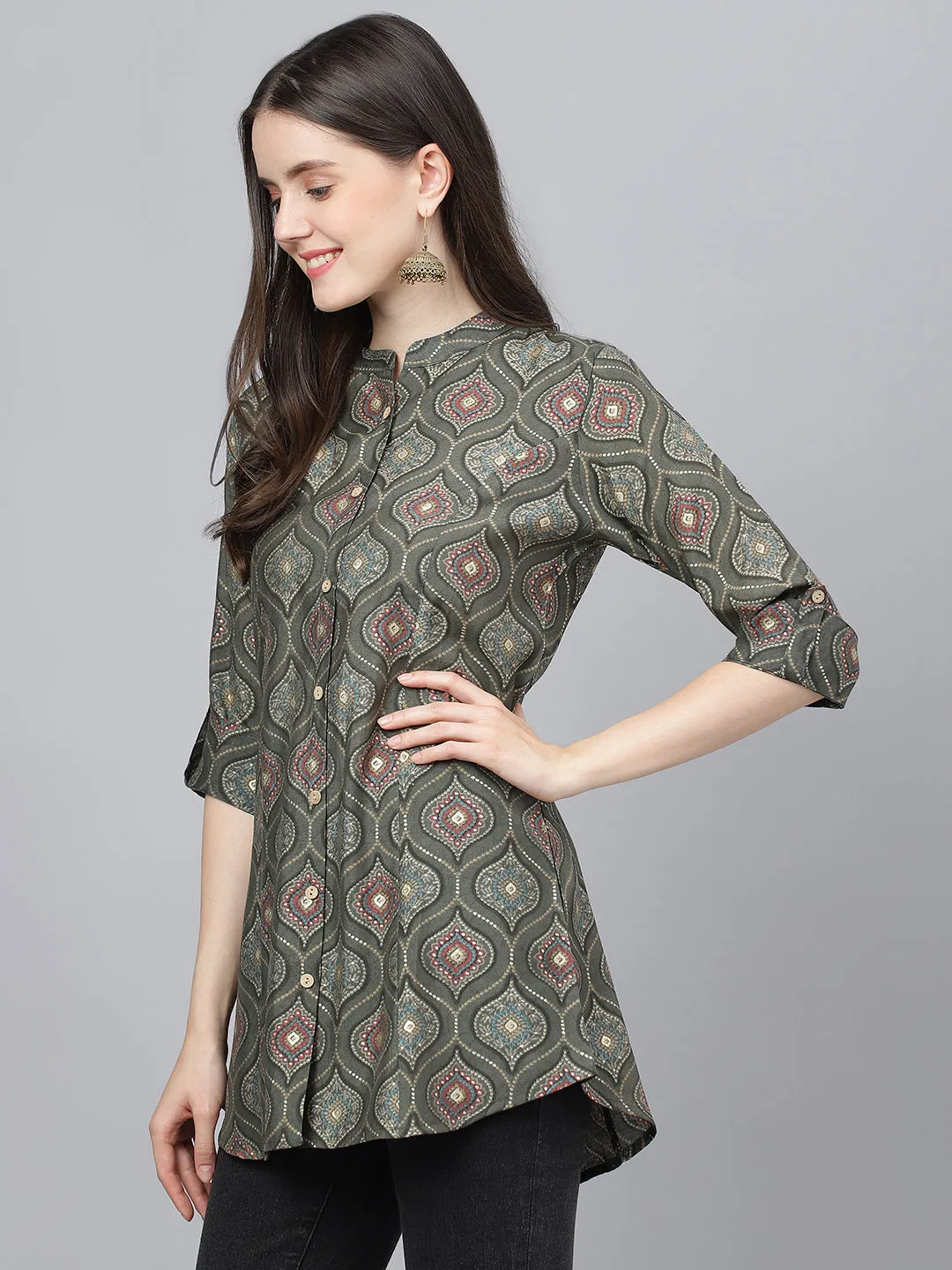 Women Gray Motif Printed Modal A-Line Shirts Style Top