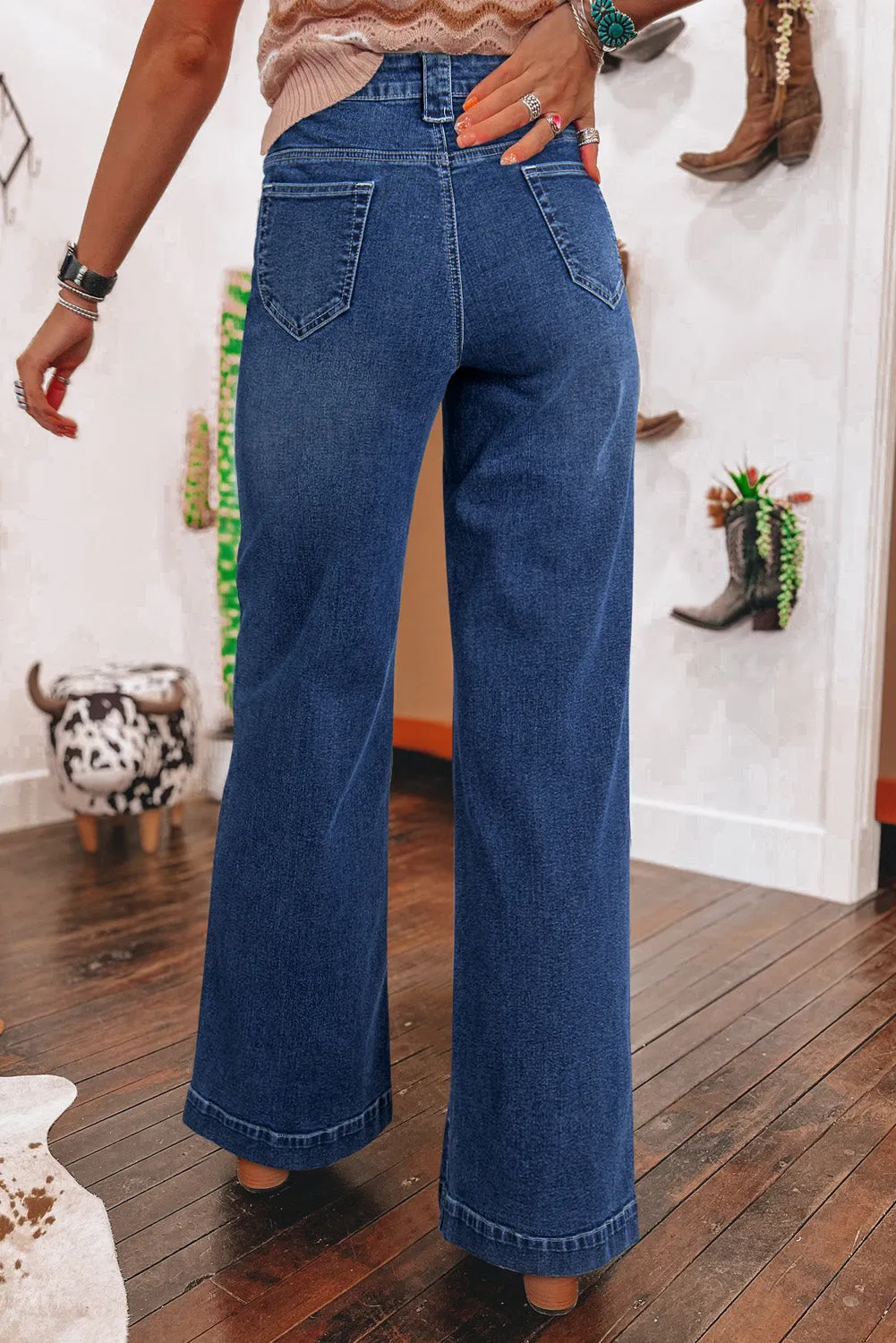 Womens  Blue Wide Leg Pocketed High Waist Jeans