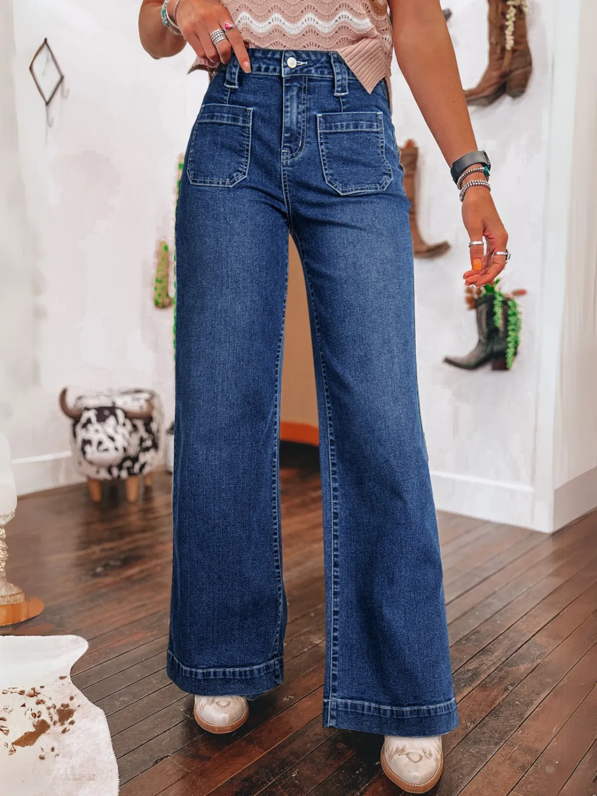 Womens  Blue Wide Leg Pocketed High Waist Jeans