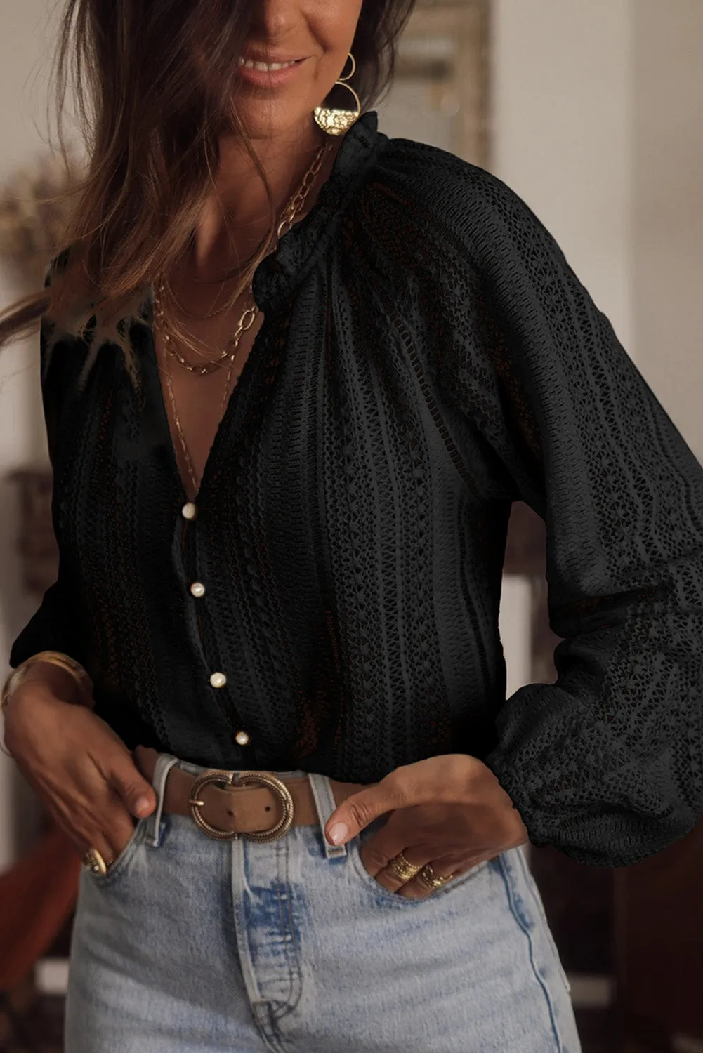 Women's Puff Sleeve V Neck Button Up Pointelle Blouse