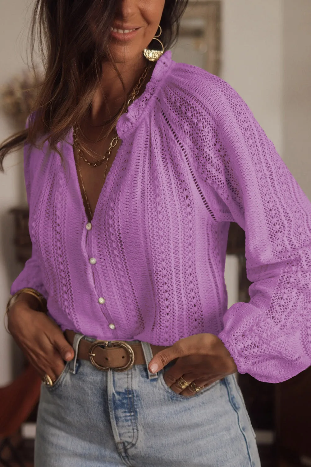 Women's Puff Sleeve V Neck Button Up Pointelle Blouse